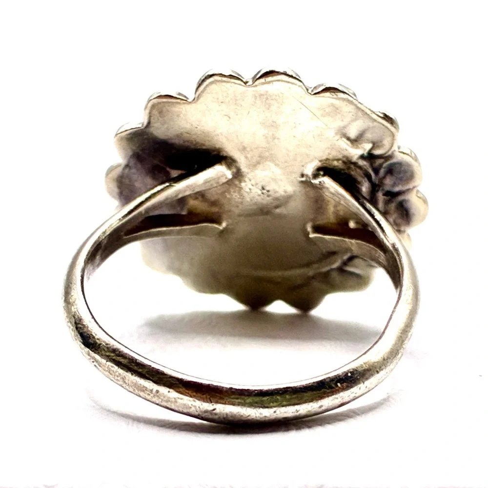 Vintage SIGNED MEXICO Malachite Ring with Sterling Silver Flower Backdrop
